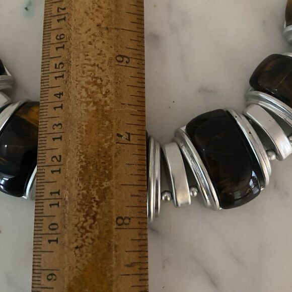 Vintage Tigers Eye Faux Necklace Chunky Statement Silver Tone Tortoise - Picture 4 of 7